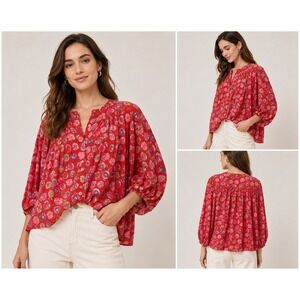 Pilcro Cotton Sidney Batwing Blouse S Red Floral Balloon Sleeve Button Front Top